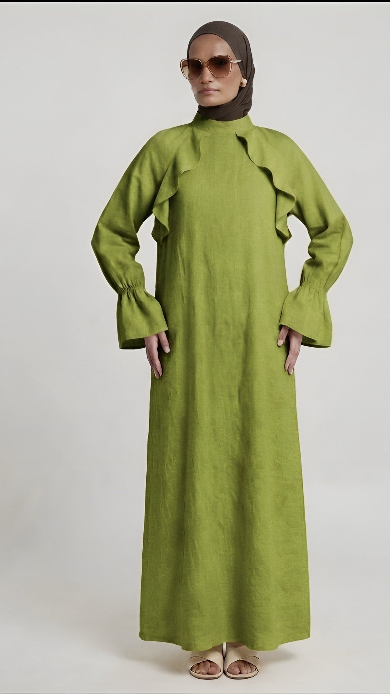 Light olive ruffle maxi-dress