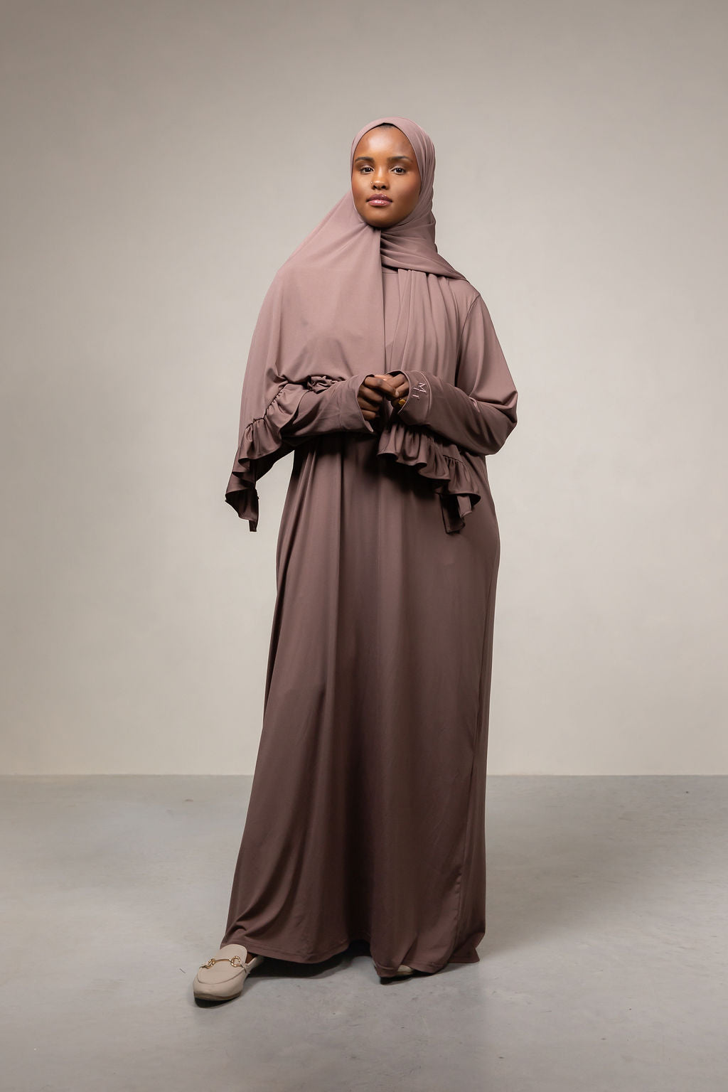 Jersey set met scarf- walnut brown