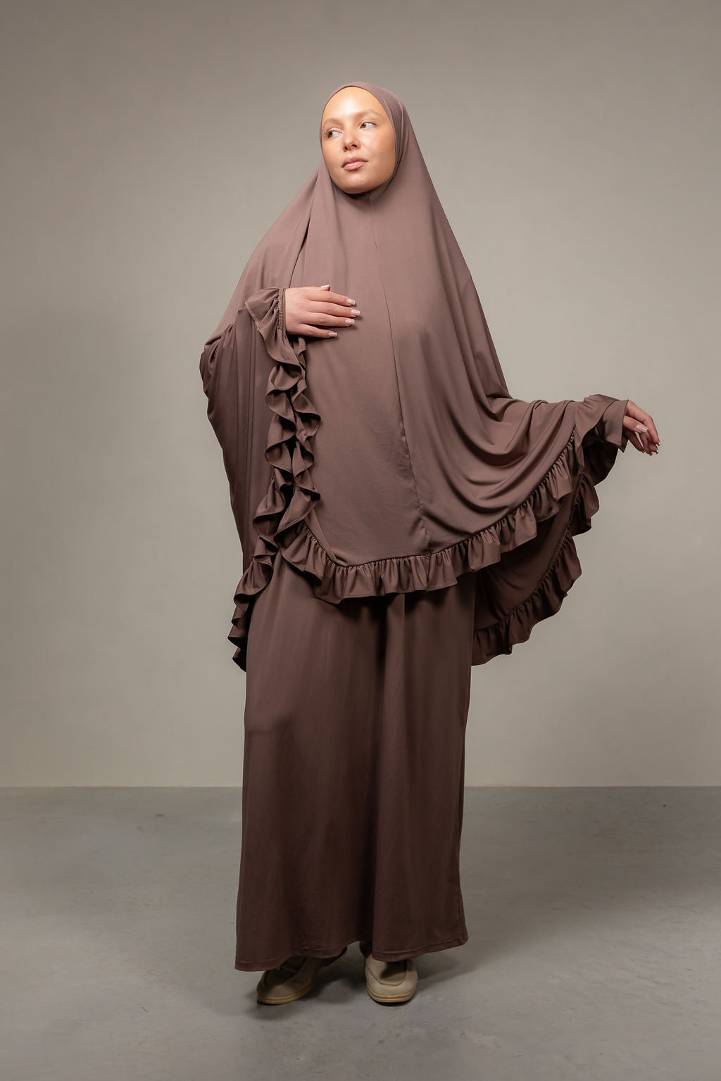 Ruffle khimar set walnut brown