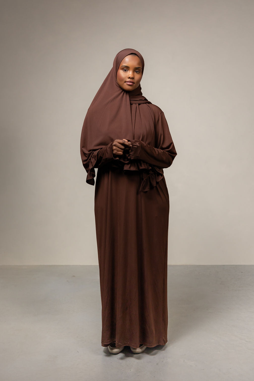 Jersey set met scarf- chocolate brown