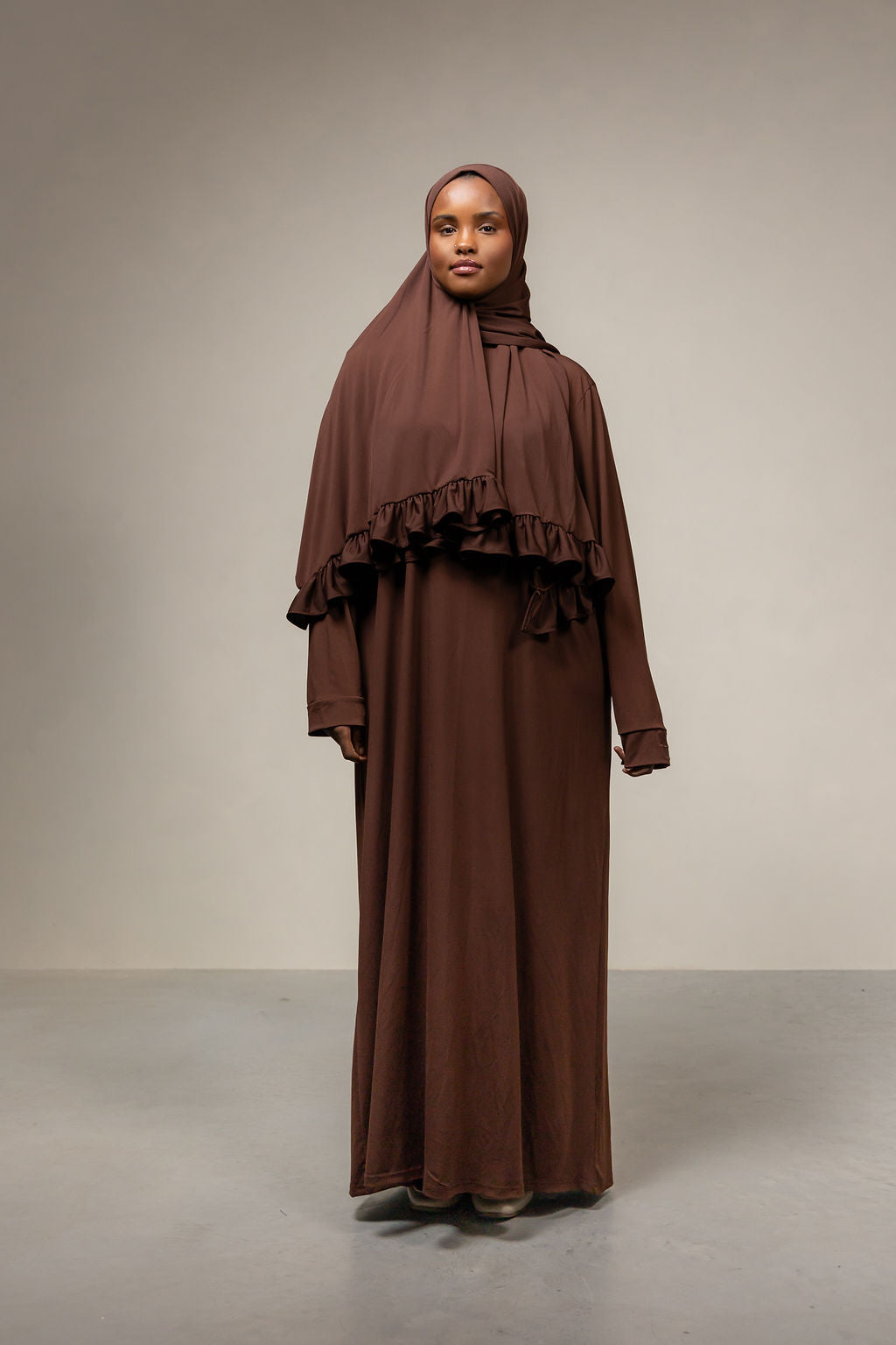 Jersey set met scarf- chocolate brown