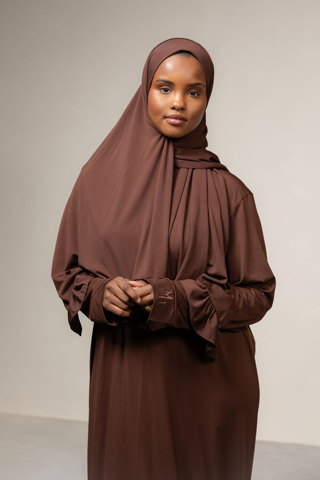 Jersey set met scarf- chocolate brown