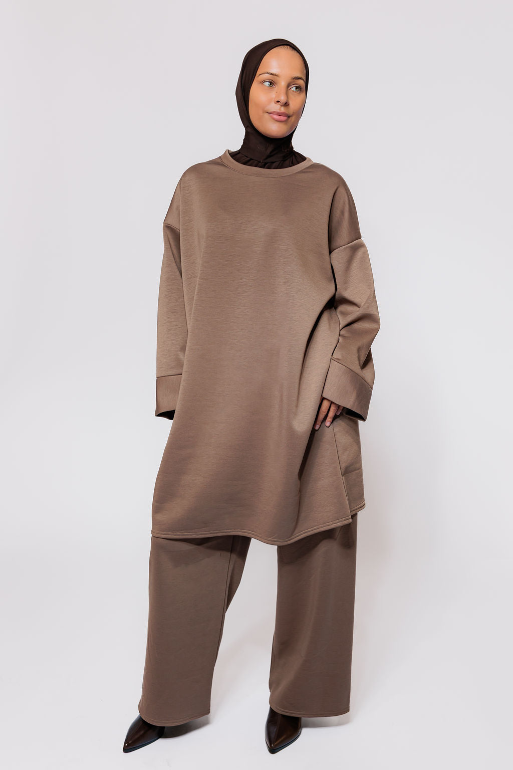 Jersey long twinset - dark taupe