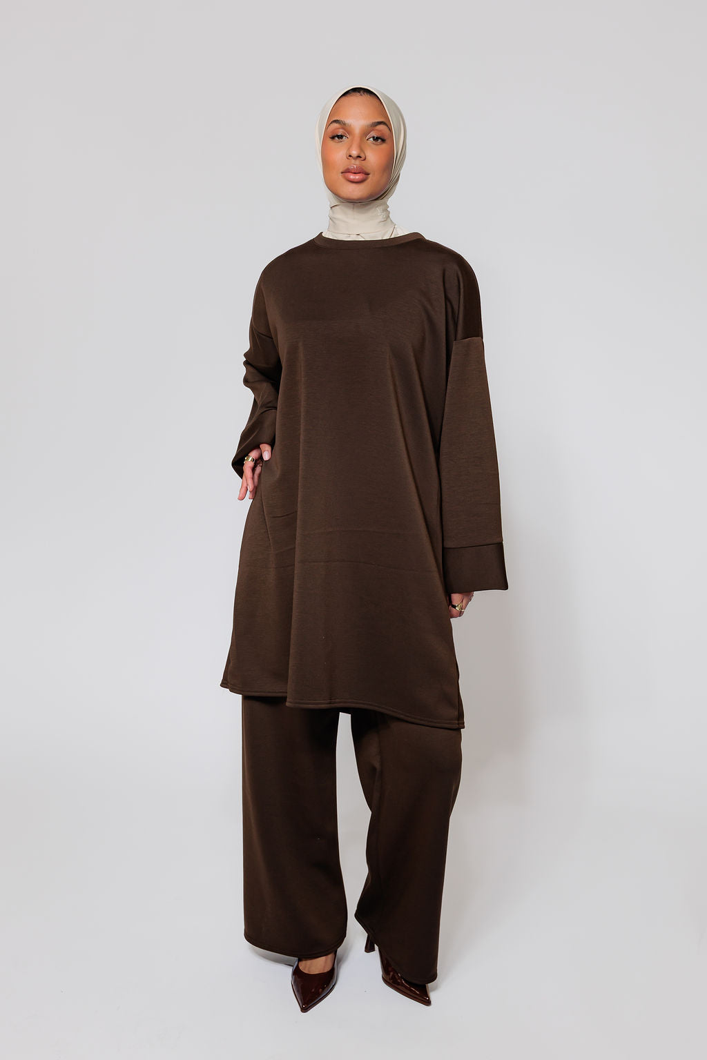 Long Jersey twinset - chocolate brown