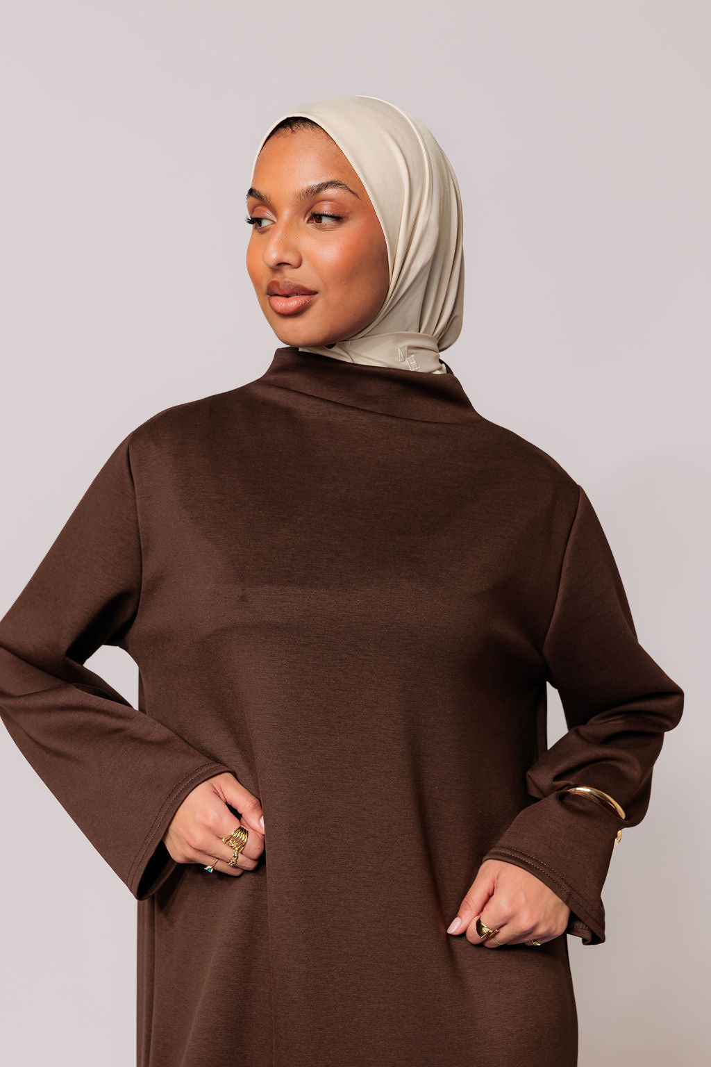 Jersey high neck dress - chocolate brown